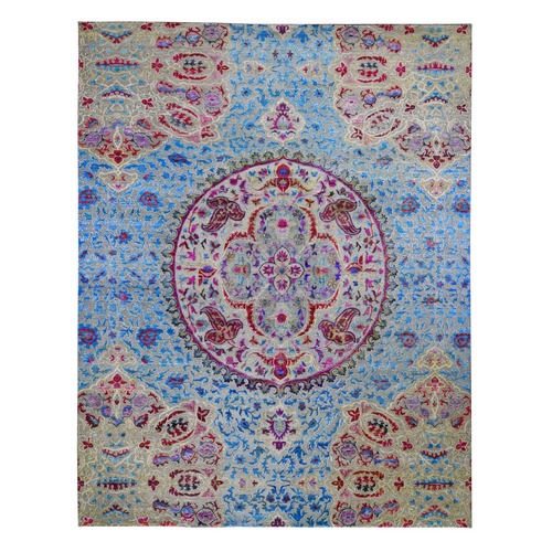 Oversized Sari Silk And Textured Wool Colorful Maharaja Hand Knotted Oriental Rug