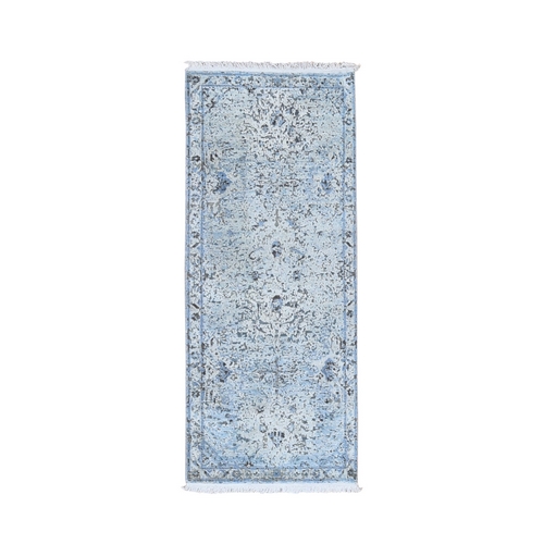 Ivory Distressed Oushak Pure Silk with Textured Wool Hand Knotted Runner Oriental Rug
