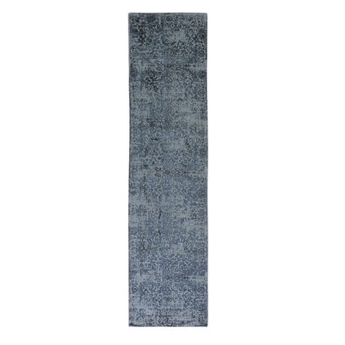 Gray Fine jacquard Hand Loomed Erased Design Wool and Silk Runner Oriental Rug