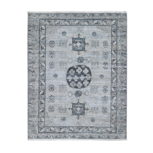 Pure Silk With Textured Wool Khotan Design Hand Knotted Oriental Rug