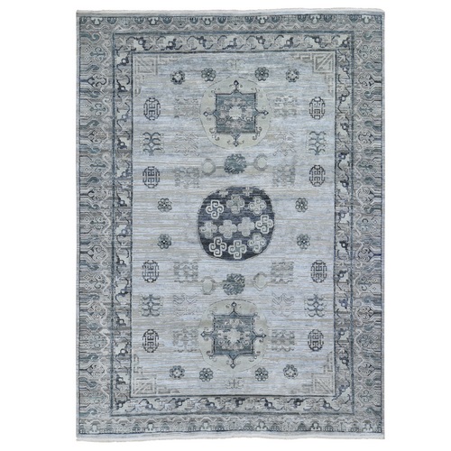 Pure Silk with Textured Wool Khotan Design Hand Knotted Oriental Rug