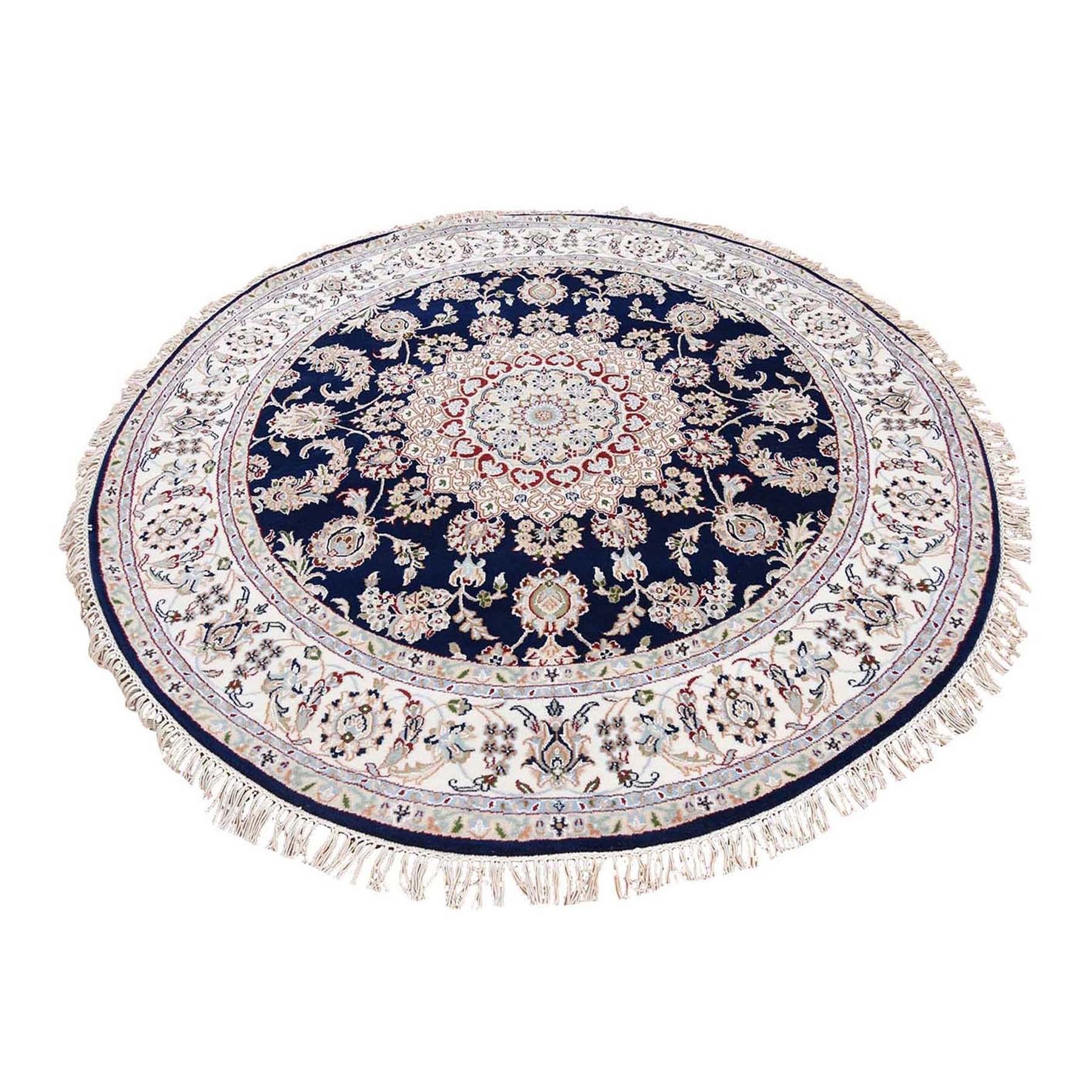Midnight Blue Nain with Center Medallion Flower Design Pure Wool 250 KPSI Hand Knotted Round Oriental Rug