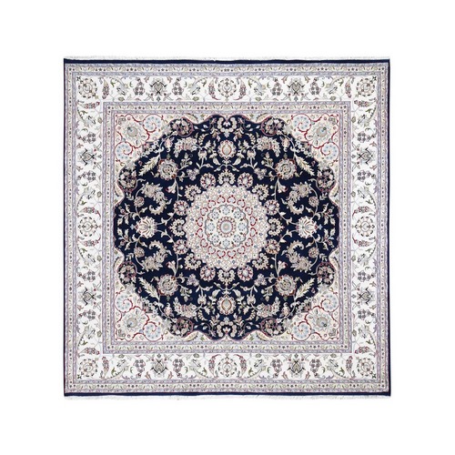 Wool and Silk 250 KPSI Navy Blue Nain Hand Knotted Square Oriental Rug