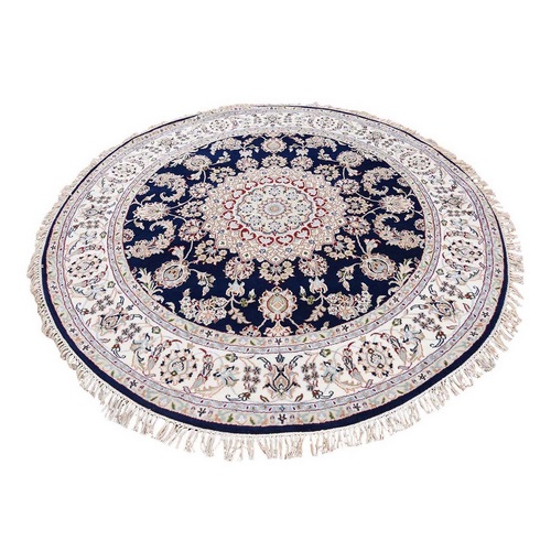 Nain Wool and Silk 250 KPSI Hand Knotted Round Navy Blue Oriental Rug 