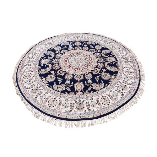 Nain Wool and Silk 250 KPSI Navy Blue Hand Knotted Round Oriental Rug 