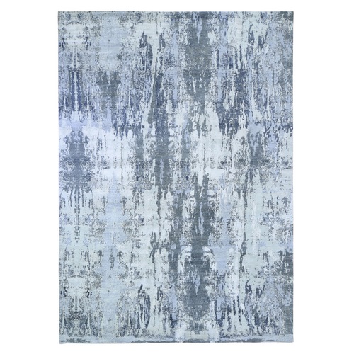 Ivory Wool with Real Silk Abstract Design Denser Weave Hi-Low Pile Hand Knotted Oriental Rug