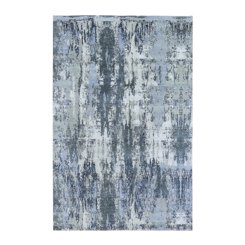 Ivory Abstract Design Denser Weave Wool with Real Silk Hi-Low Pile Hand Knotted Oriental Rug