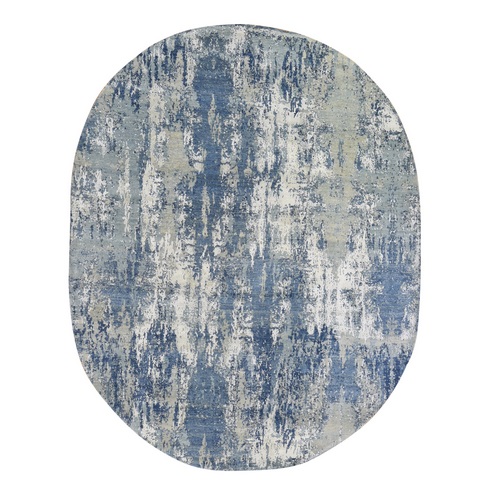 Blue Abstract Design Wool and Real Silk Oval Hand Knotted Oriental Rug