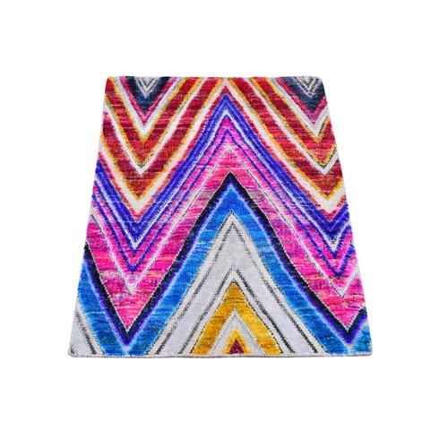 Colorful Hand Knotted Chevron Design Sari Silk with Textured Wool Oriental Rug