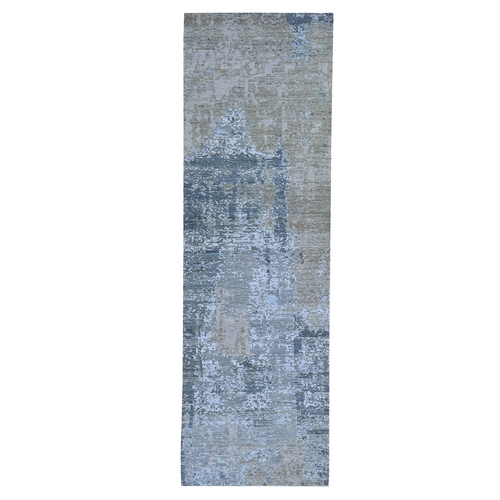 Silver Blue Abstract Design Wool and Silk Hi-Low Pile Dense Weave Hand Knotted Oriental 