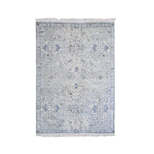 Blue Pure Silk with Textured Wool Distressed Oushak Hand Knotted Oriental Rug