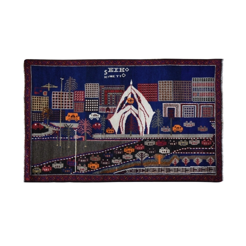 Pictorial Afghan Baluch with Cars and Buildings Natural Wool Hand Knotted Oriental 