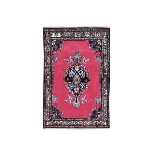 New Persian Sarouk Open Filed Medallion Pinkish Red Hand Knotted Organic Wool Oriental Rug