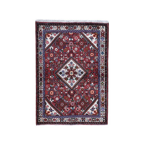 Red New Persian Hamadan with Geometric Design Pure Wool Hand Knotted Oriental Rug
