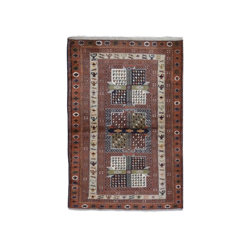 Light Brown Vintage Persian Abadeh with Block Design Hand Knotted Natural Wool Oriental Rug