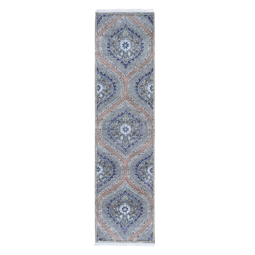 Gray Real Silk with Textured Wool Mughal Design Hand Knotted Runner Oriental 