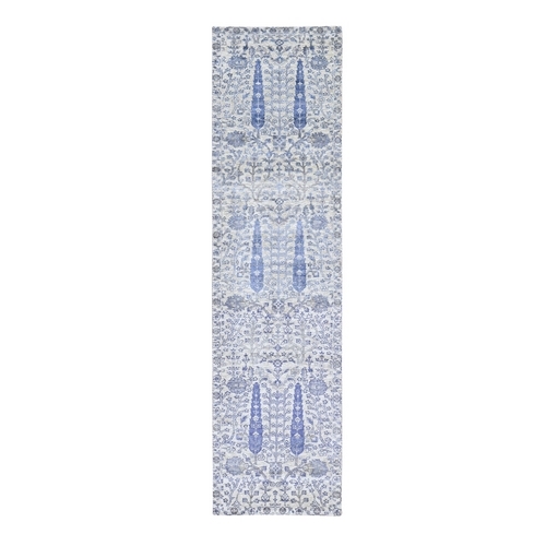 Ivory Willow and Cypress Tree Design Silk with Textured Wool Hand Knotted Runner Oriental 