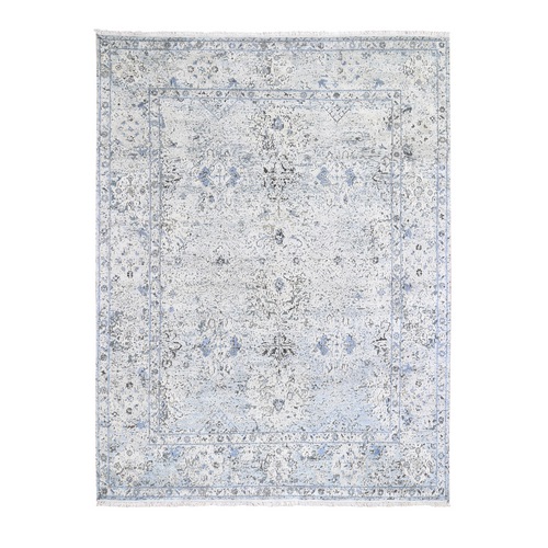 Blue Distressed Oushak Pure Silk with Textured Wool Hand Knotted Oriental Rug