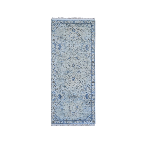Blue Distressed Oushak Pure Silk with Textured Wool Wide Runner Hand Knotted Oriental Rug