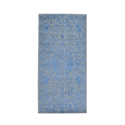 Blue Fine Broken Cypress Tree Design Wool and Art Silk Hand Loomed Runner Oriental Rug