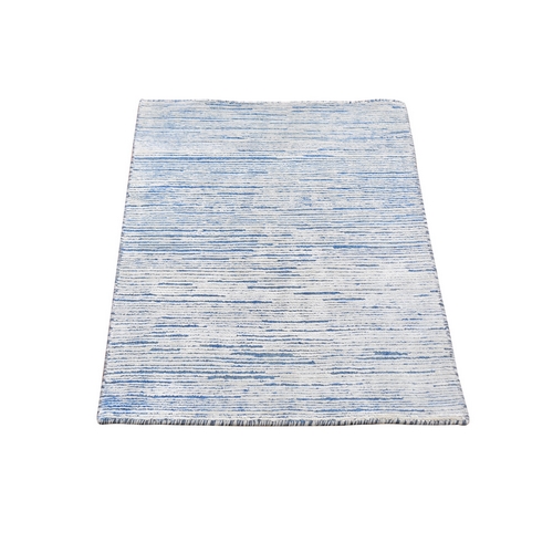 Blue Silk with Textured Wool Stripe Design Hand Knotted Oriental Rug