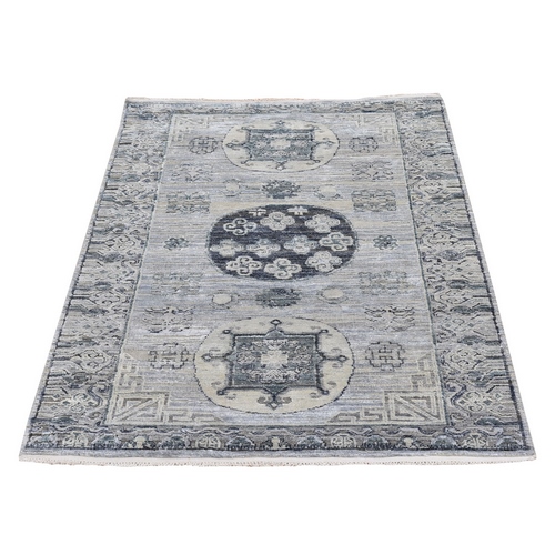 Khotan Design Pure Silk with Textured Wool Gray Hand Knotted Oriental Rug