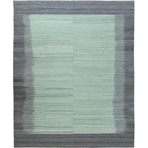 Oversize Light Green With Nomadic Design Flat Weave Kilim Pure Wool Hand Woven Reversible Oriental Rug