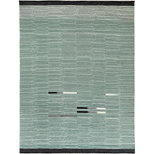 Light Green Nomadic Stripe Design Flat Weave Kilim Organic Wool Hand Woven Reversible Oriental Rug