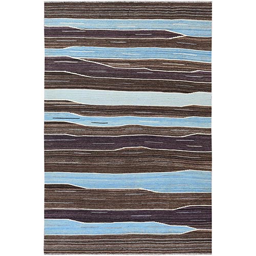 Hand Woven Kilim Flat Weave Brown And Blue Mountain Design Organic Wool Reversible Oriental Rug