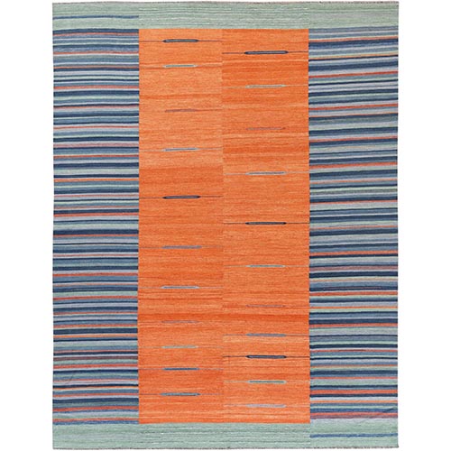 Flat Weave Sunburst And Stripe Design Kilim Pure Wool Hand Woven Reversible Oriental Rug