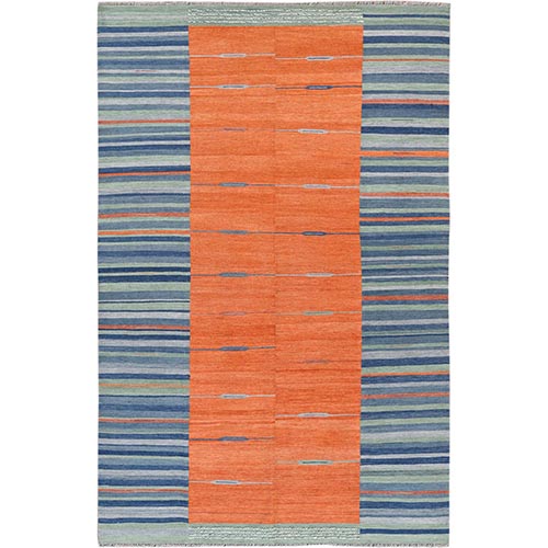 Hand Woven Sunburst And Stripes Design Flat Weave Kilim Organic Wool Reversible Oriental Rug