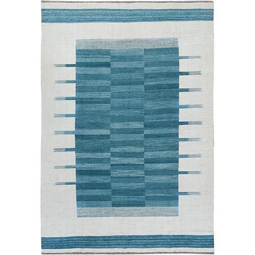 Flat Weave Kilim Aquamarine Stripe Design Natural Wool Reversible Hand Woven Oriental 