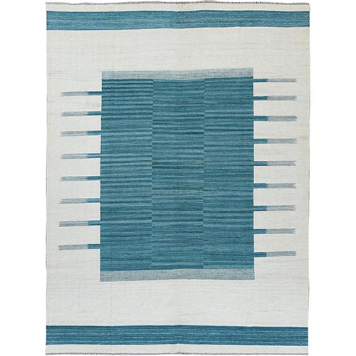 Hand Woven Aquamarine Stripe Design Flat Weave Kilim Handspun Wool Reversible Oriental 