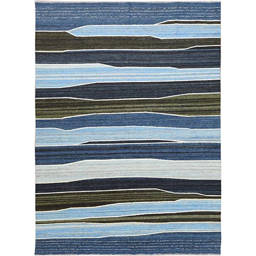 Hand Woven Flat Weave Kilim Organic Blue And Brown Mountain Design Wool Reversible Oriental Rug