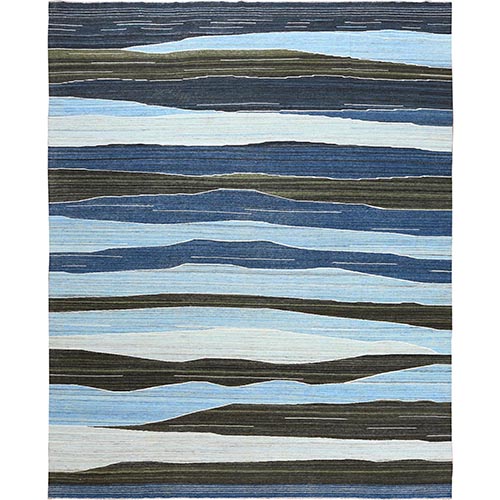 Hand Woven Brown And Blue Mountain Design Flat Weave Kilim Pure Wool Over Size Reversible Oriental Rug