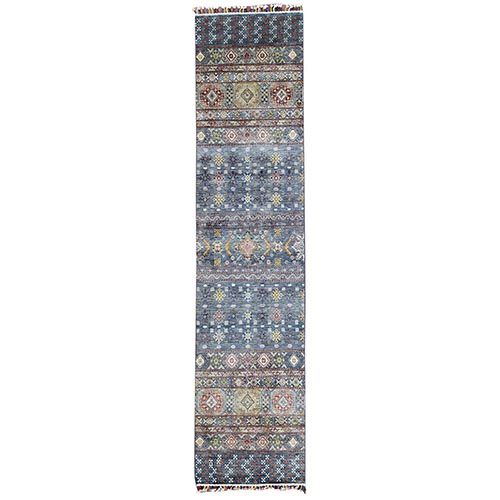 Hand Knotted Gray Super Kazak Khorjin Design With Colorful Tassles Pure Wool Oriental Runner 