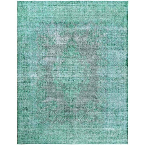 Hand Knotted Shades of Light Green Overdyed Clean Distressed Vintage Persian Kerman Organic Wool Oriental 