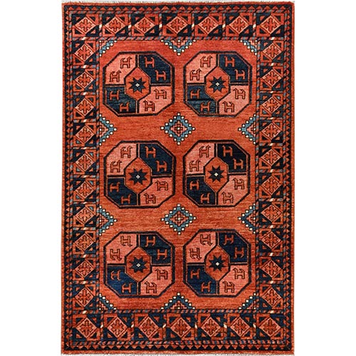 Brick Red Afghan Ersari With Elephant Feet Design Organic Wool Hand Knotted Oriental 