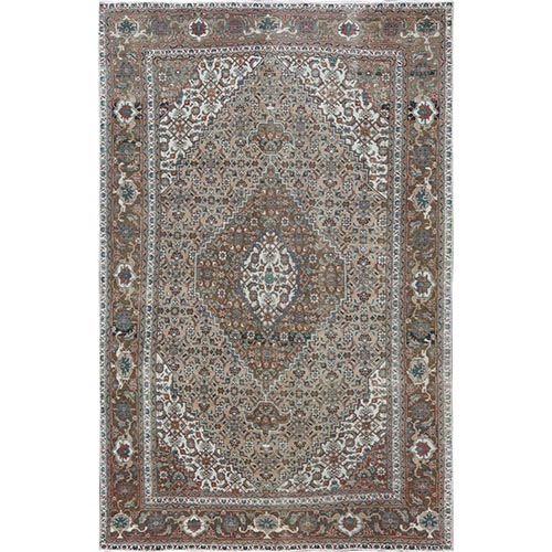 Beige Clean Natural Wool Shabby Chic Distressed Old Persian Tabriz Mahi Medallion Design Hand Knotted Oriental 