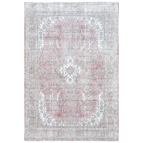 Red Clean Organic Wool Bohemian Sheared Low Semi Antique Persian Tabriz Medallion Design Hand Knotted Oriental 