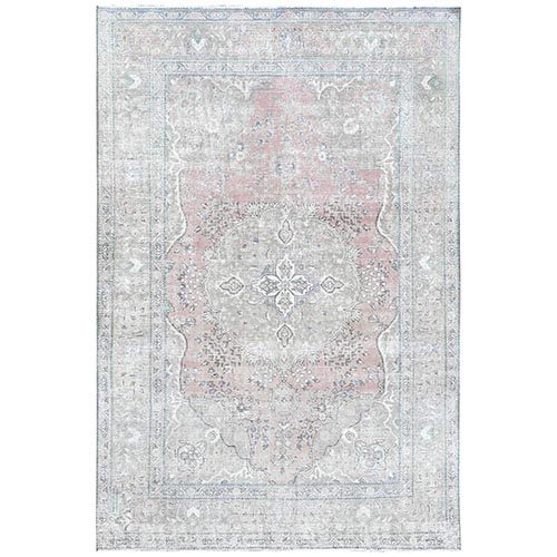 Red Clean Natural Wool Shabby Chic Distressed Old Persian Tabriz Medallion Design Hand Knotted Oriental 