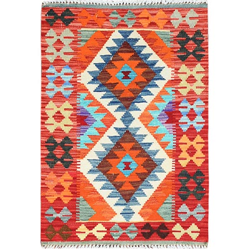 Orange Geometric Design Afghan Kilim Reversible Soft And Supple Wool Hand Woven Oriental 