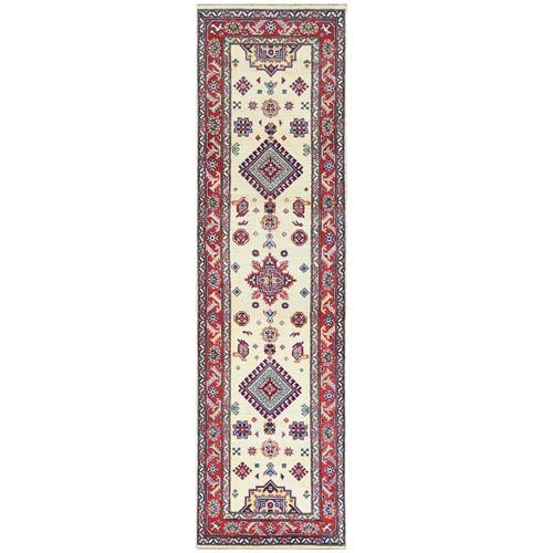 Ivory Geometric Design Special Kazak Hand Knotted Pure Wool Oriental Runner 