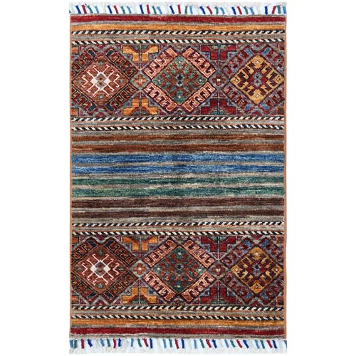 Brown Super Kazak Khorjin Design With Colorful Tassles Shiny and Vibrant Wool Hand Knotted Oriental 