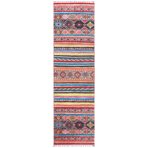 Super Kazak With Pop Of Various Colors Khorjin Design Glimmery Wool Hand Knotted Oriental Runner 
