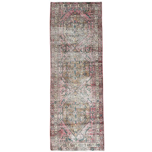 Vintage Red Northwest Persian Worn Down Clean Hand Knotted Natural Wool Oriental Runner 