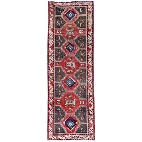 Semi Antique Red Northwest Persian Heriz With Geometric Design Cropped Thin Pile Clean Hand Knotted Pure Wool Oriental Runner 