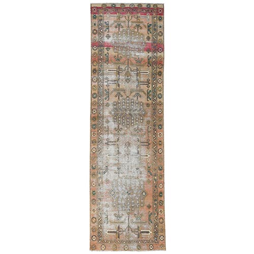 Semi Antique Apricot And Peach Colors Persian Tabriz Abrash Worn Down Distressed Hand Knotted Organic Wool Oriental Runner 
