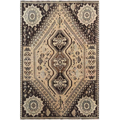 Vintage Beige Persian Shiraz With Triple Medallion Worn Down Clean Distressed Hand Knotted Natural Wool Oriental 