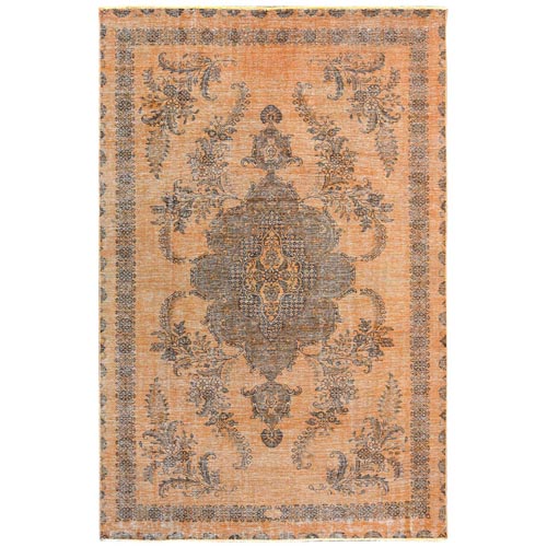 Semi Antique Orange Cast Persian Tabriz with Open Field Design Hand Knotted Distressed Look Clean Organic Wool Oriental 